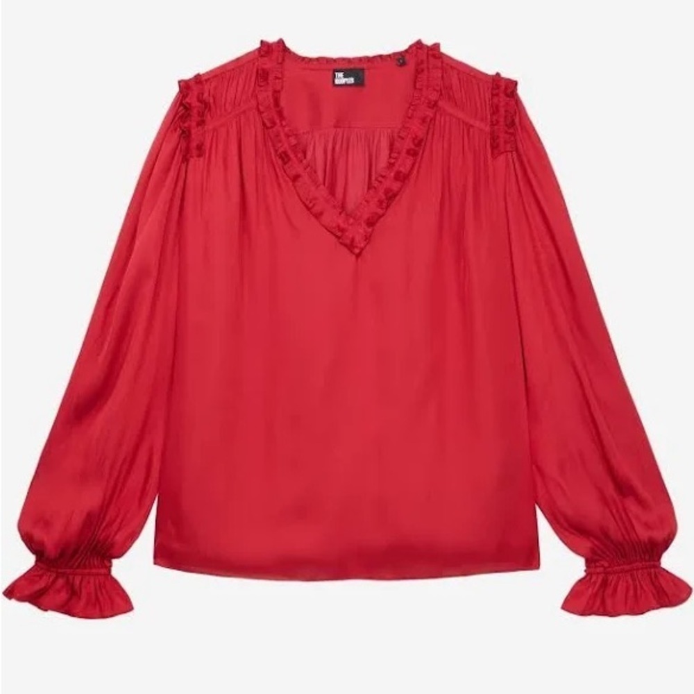 The Kooples V-Neck Ruffle Trim Woven Satin Blouse Long Sleeve Red 1 US Small R2